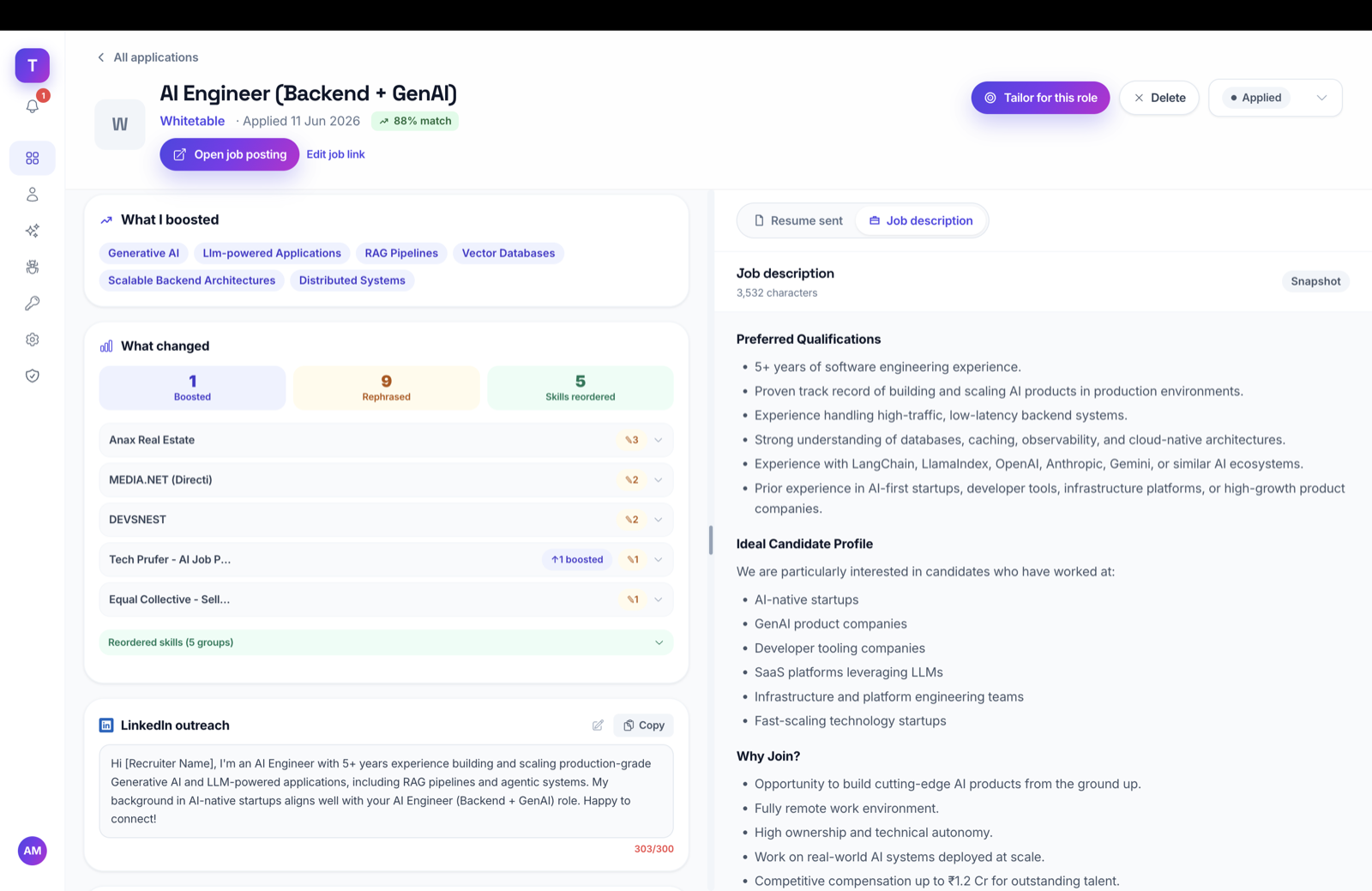 TechPrufer application page — captured job with boosted keywords, match score and LinkedIn outreach