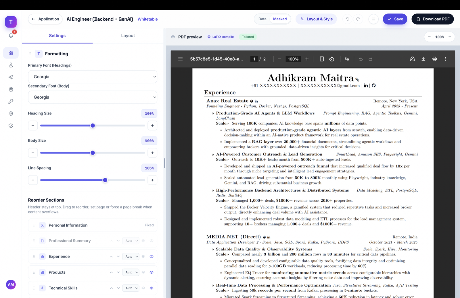 TechPrufer resume editor — live layout controls beside a masked, LaTeX-rendered PDF preview