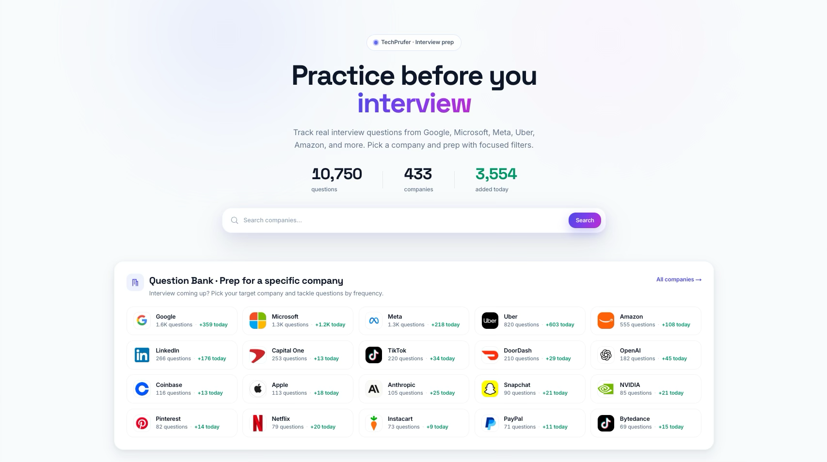 TechPrufer interview hub — pick a company like Google, Meta or OpenAI and prep from its question bank
