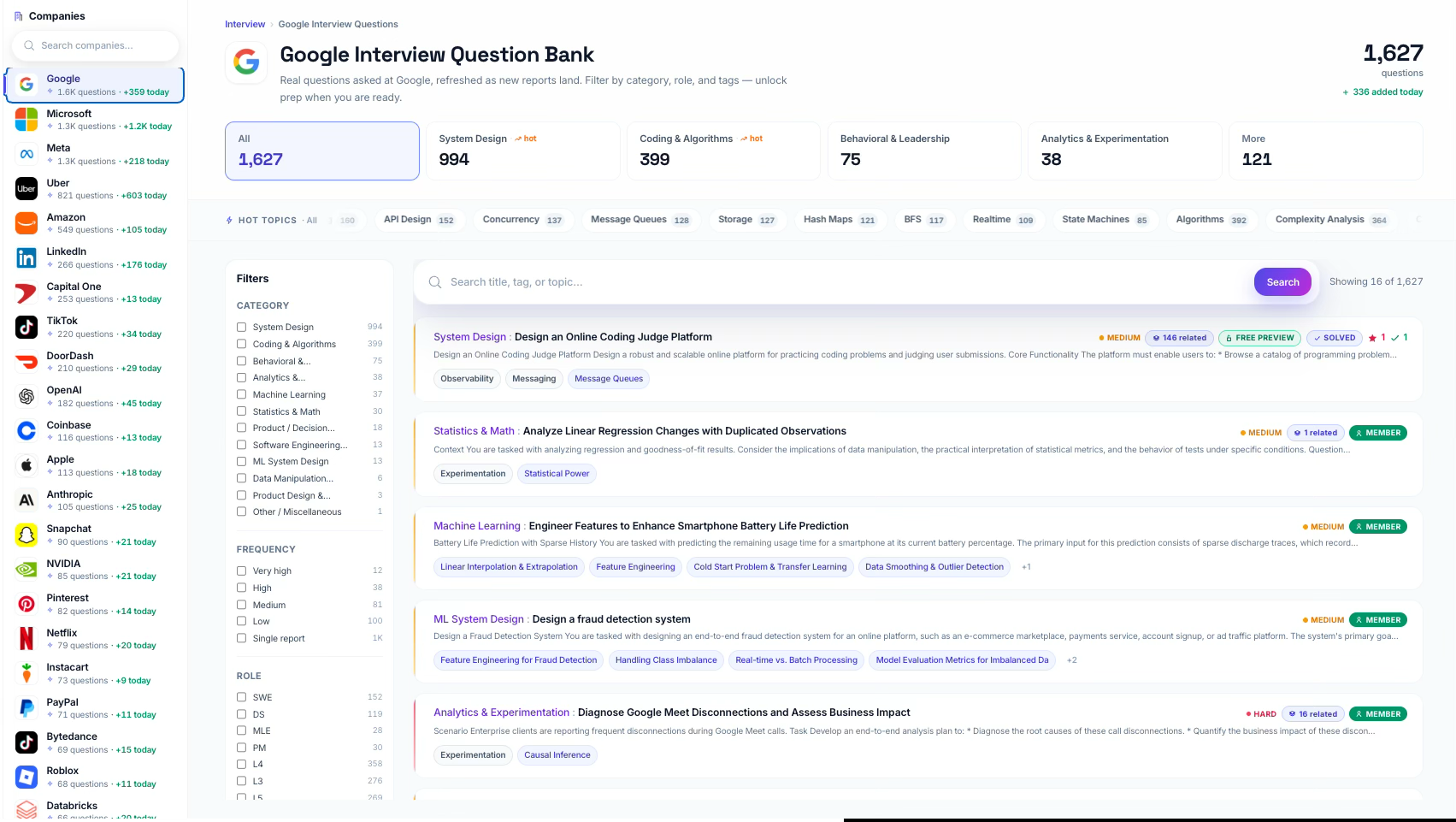 TechPrufer question bank — real Google interview questions with category, role and frequency filters